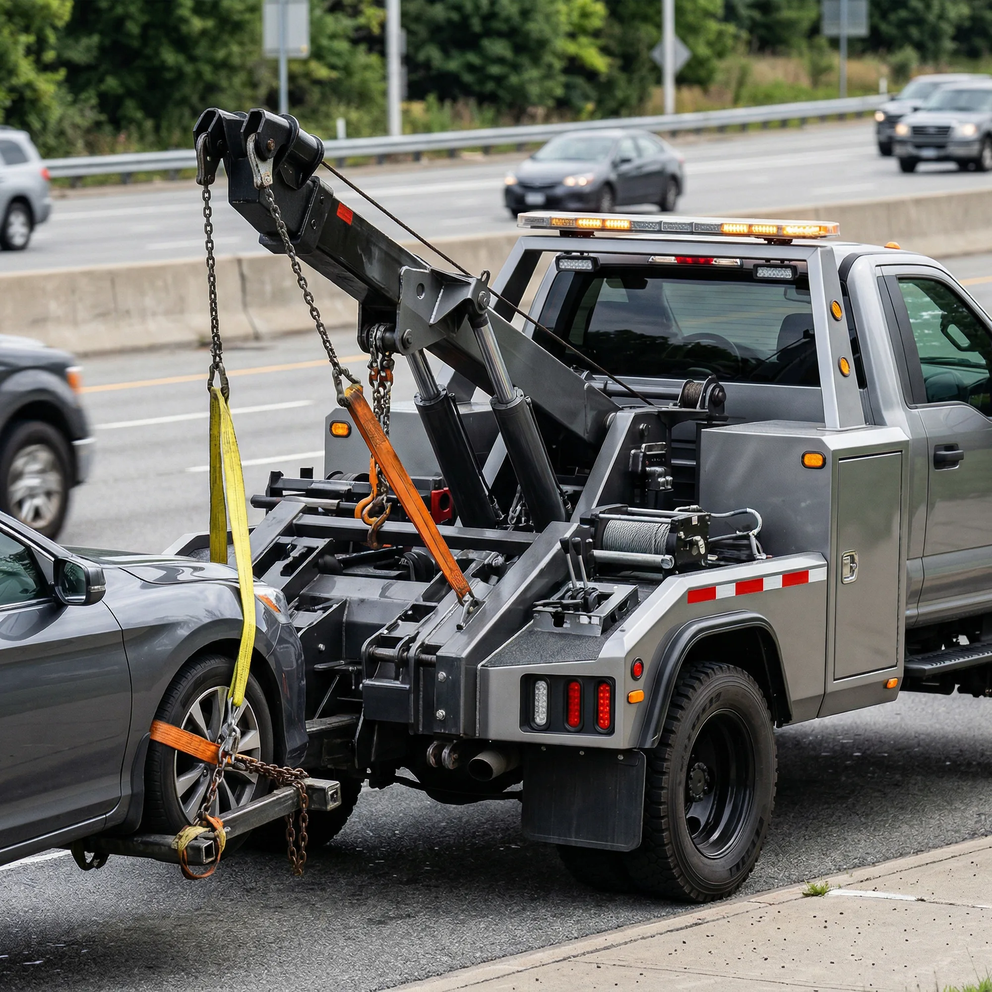 Vehicle Recovery Specialists service in Regina: Tow truck towing a car on a highway.