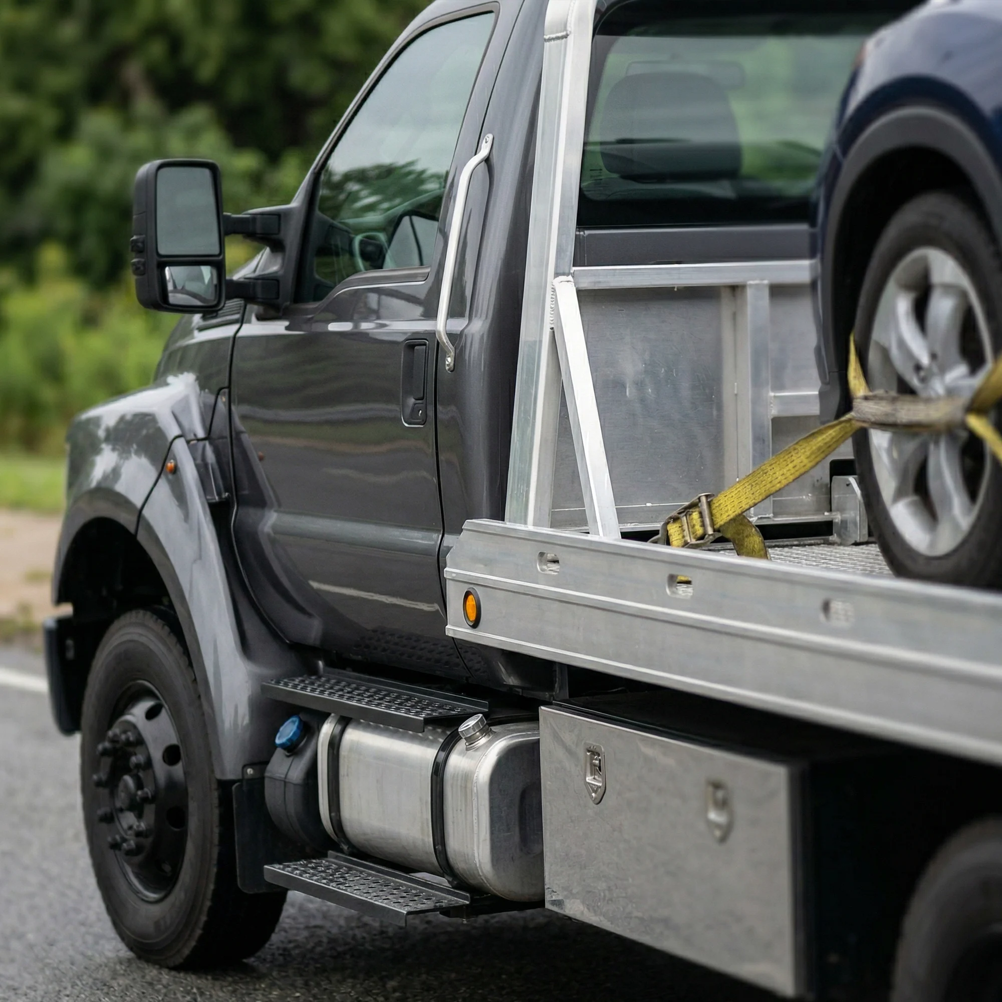 Vehicle Recovery Specialists in Regina: Grey tow truck hauling a blue car on highway with straps.