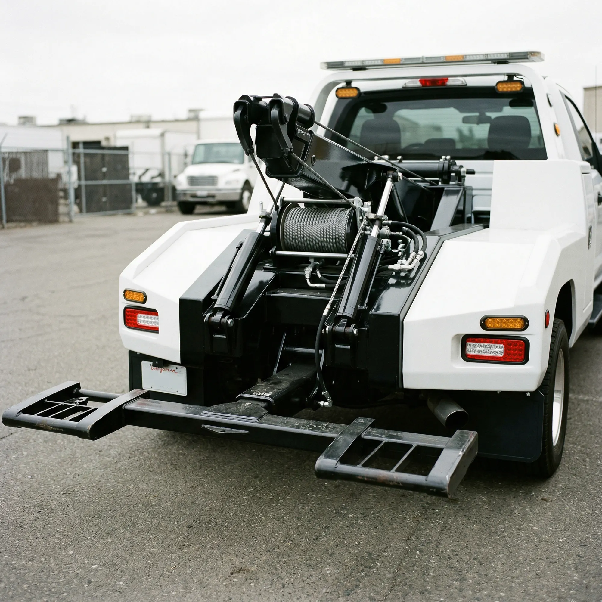 Rear view of a white tow truck for affordable towing service in Regina.