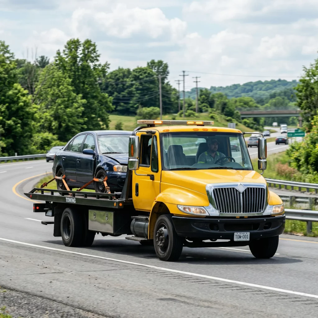 Yellow tow truck transporting a damaged car for Vehicle Recovery Specialists in Regina.