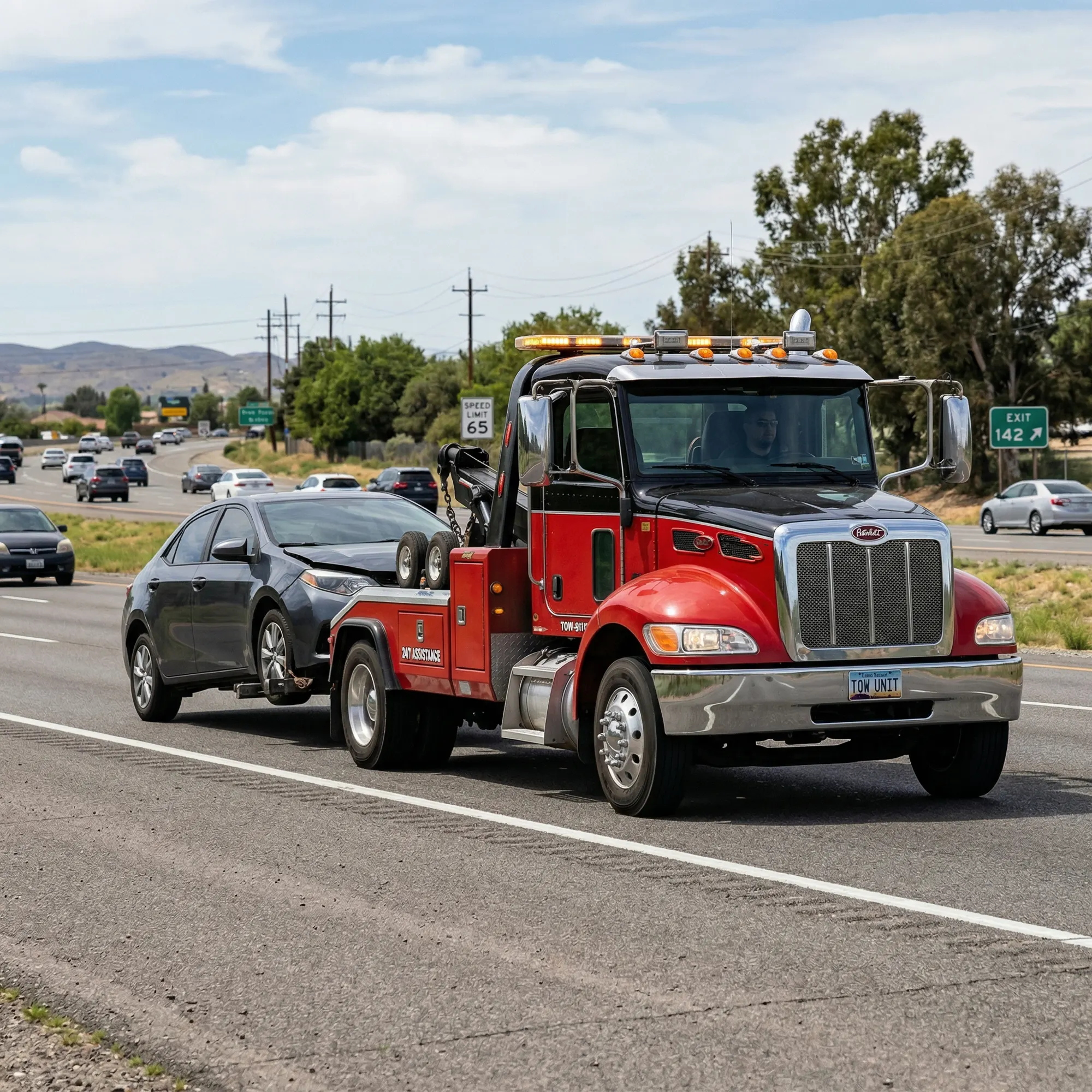 Red tow truck from Vehicle Recovery Specialists towing a damaged car on a busy Regina highway.